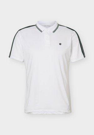 Polo blanc avec double bandes noires sur les manches et le col, patte à deux boutons et petit logo noir sur la poitrine gauche.