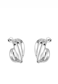 Örhängen i silverfärgad metall med en spiraldesign som har tre sammanflätade strängar, polerad yta och stiftfäste.