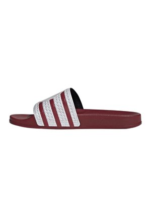 Slide-sandal med bordeaux sål og hvid tekstureret strop med tre bordeaux striber, set fra siden på en hvid baggrund.