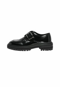 Chaussure en cuir verni noir avec un bout rond, un détail de boucle sur le côté et une semelle en caoutchouc robuste dotée de profondes rainures pour une meilleure adhérence.