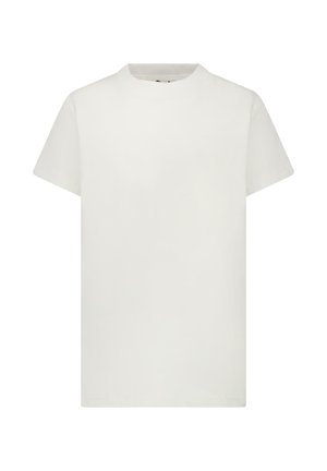 Wit katoenen T-shirt met korte mouwen, ronde hals en een gladde textuur. Eenvoudig ontwerp zonder patronen of accenten.