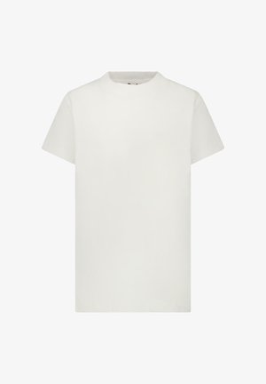 Wit katoenen T-shirt met korte mouwen, ronde hals en een gladde textuur. Eenvoudig ontwerp zonder patronen of accenten.