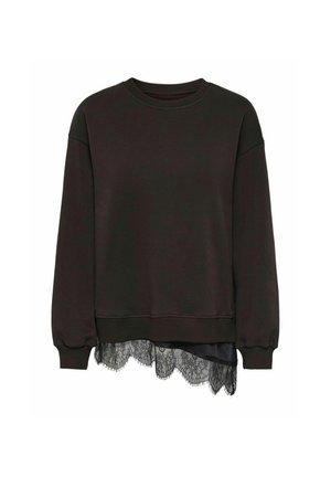 Sort langærmet sweatshirt med ribbet manchetter og kant, med asymmetrisk sort blonderkant, der titter frem forneden.