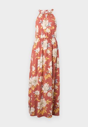 Abito maxi in ruggine con stampa floreale bianca e gialla. Presenta un collo a halter con bordo arricciato e una cintura elastica per una vestibilità ottimale.