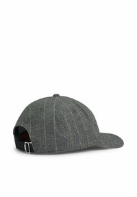 Gray plaid cap made of textured fabric with yellow accents. Features a curved brim, adjustable strap, and a button on top.