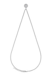 Zilveren metalen ketting met een ronde hanger. Heeft een fijne ketting en een sluiting, met een minimalistisch ontwerp en een gladde textuur.