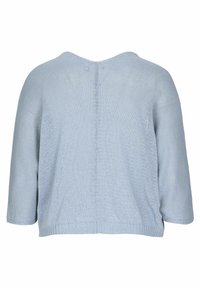 Jasnoniebieski sweter z dzianiny z teksturowanym wzorem, szerokimi rękawami i dekoltem na plecach w kształcie litery V. Posiada prążkowany ściągacz w pasie.