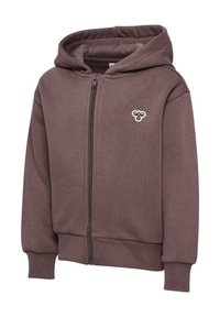Brun zip-up hoodie med huva och ribbade muddar. Har en liten broderad logotyp på bröstet. Tillverkad av mjukt, strukturerat tyg.