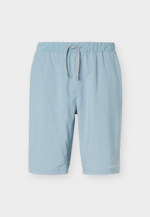 Shorts bleu clair longueur genou avec taille élastique et cordelette grise, design uni, présentés sur fond blanc.