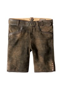 Brune lædershorts med en tekstureret finish, der har et matchende bælte og dekorative knapper på siderne. Frontlommer inkluderet.