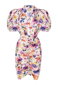 Blommig klänning med puffärmar, insvängd midja och rynkad kjol. Har ett flerfärgat mönster på en vit bakgrund och knapppdetaljer.