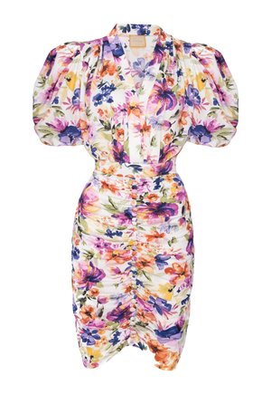 Robe fleurie avec des manches bouffantes, une taille cintrée et une jupe plissée. Présente un motif multicolore sur fond blanc et des détails de boutons.
