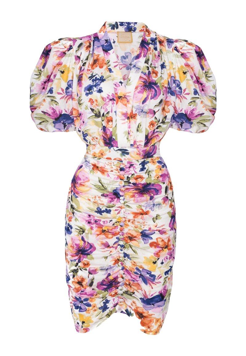 Blommig klänning med puffärmar, insvängd midja och rynkad kjol. Har ett flerfärgat mönster på en vit bakgrund och knapppdetaljer.