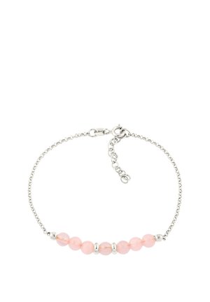 Silver chain bracelet with seven round pink beads and two silver spacer rings, featuring a lobster clasp and adjustable links.