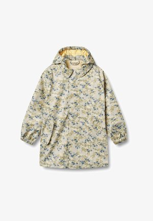 Impermeabile a fiori con sfondo beige, decorato con stampe blu e gialle, maniche lunghe, cappuccio e polsini elasticizzati. Include due tasche laterali.