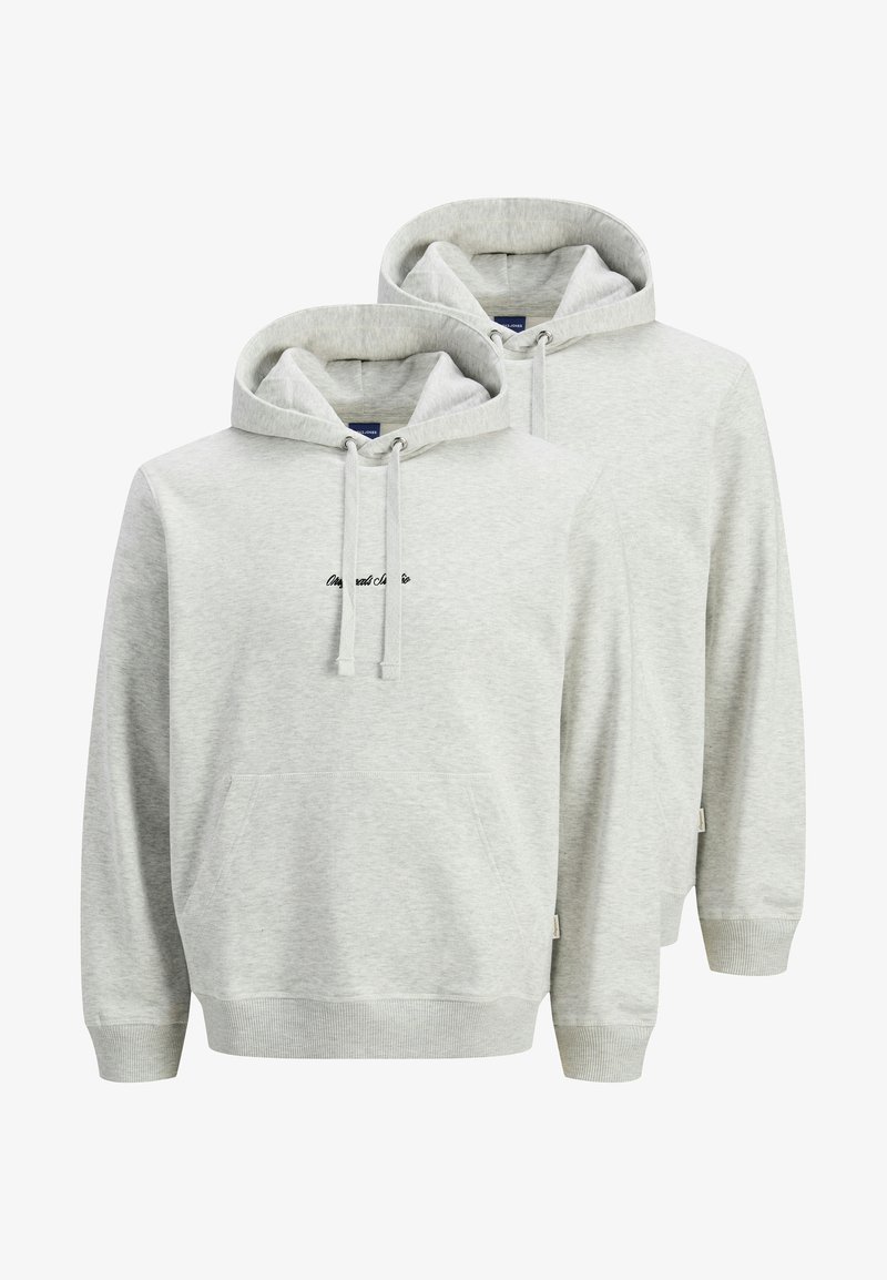 Two light grey hoodies made of soft fabric. Features a front pocket, drawstring hood, and embroidered text on the chest.