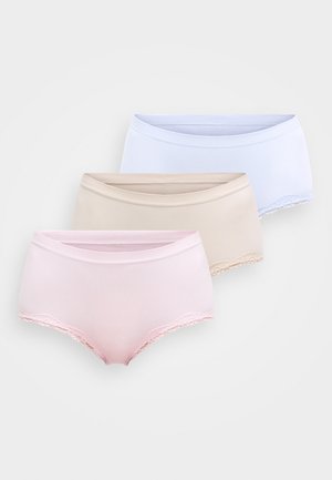 Trzy pary ribbowanych bawełnianych majtek hipster w jasnoróżowym, beżowym i jasnoniebieskim kolorze, z koronkowym wykończeniem wzdłuż brzegów oraz gładką talią.