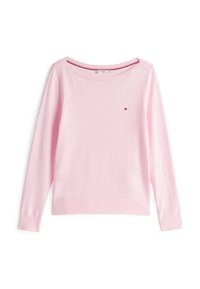 Rosa langärmliges Oberteil aus weicherm Baumwollmaterial, mit weitem Halsauschnitt, gerippten Bündchen und kleinem Logo auf der linken Brust. Glatte Textur.