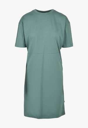 Korte mouwen, ronde hals jurk in gedempt groen, gemaakt van zachte katoen, met een relaxte pasvorm en een horizontale naad op de taille.