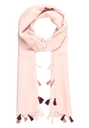 Écharpe rose douce avec des pompons multicolores dans des tons beige, mauve et violet foncé, suspendue librement en boucle.