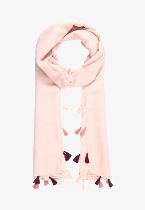 Écharpe rose douce avec des pompons multicolores dans des tons beige, mauve et violet foncé, suspendue librement en boucle.