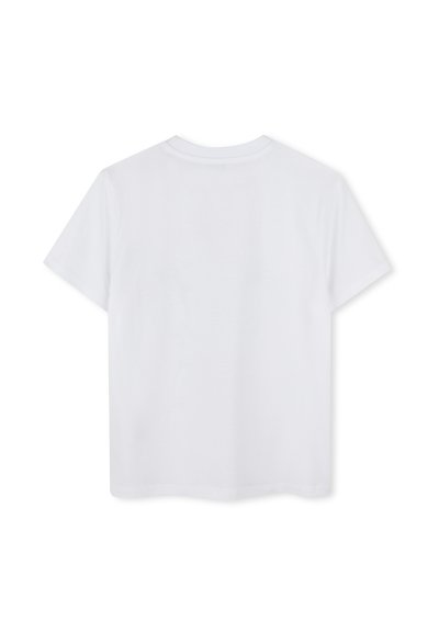 T-shirt en coton blanc à manches courtes avec un col rond, présentant un design uni et une coupe décontractée. La vue arrière montre une texture lisse sans embellissements.