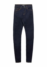 Vaqueros skinny de denim azul oscuro con cintura media, acentos de costura naranja y bolsillos frontales; textura suave y Silueta ajustada.