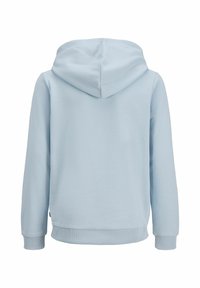 Világoskék kapucnis pulóver hátulról, hosszú ujjakkal, bordázott mandzsettákkal és szegéllyel.