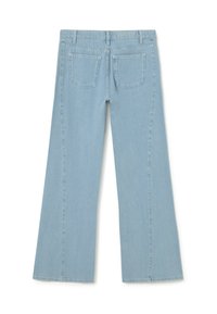 Light blue denim flared jeans with five pockets, visible stitching, and a logo on the waistband. Smooth texture with a relaxed fit.