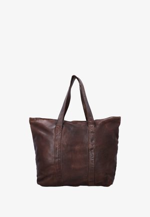 Borsa tote in pelle marrone scuro con due manici, texture morbida e aspetto leggermente usurato, mostrata su uno sfondo bianco.