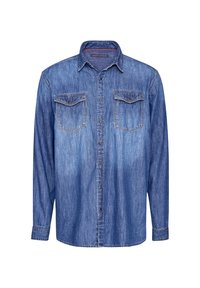 Denim-Hemden mit langen Ärmeln, mittelblau, Knopfleiste vorne, zwei Brusttaschen mit Klappen, klassischer Kragen und einer leicht ausgewaschenen Textur.