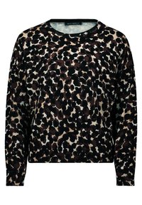 Długopisowy sweter z czarnym, brązowym i kremowym wzorem w panterkę. Wykonany z miękkiego materiału, z okrągłym dekoltem i prążkowanym wykończeniem.