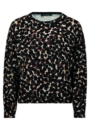 Maglione a maniche lunghe con design a macchie leopardate in nero, marrone e crema. Realizzato in tessuto morbido, con collo rotondo e orlo a coste.