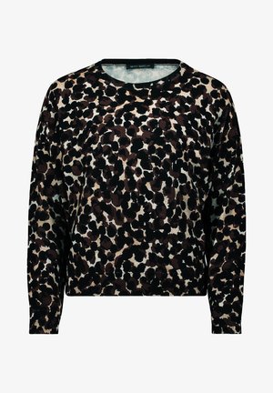 Long-sleeve sweater featuring a black, brown, and cream leopard print design. Made of soft fabric with a crew neck and ribbed hem.