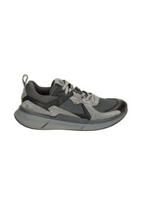 Gray athletic shoe with a mixed material design, featuring suede and mesh panels, round toe, thick sole, and prominent lacing system.