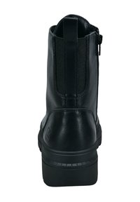 Schwarze Leder-Stiefelette mit glatter Textur, elastischen Seitenteilen und einem Reißverschluss auf der Rückseite. Verfügt über eine dicke, schwarze Gummisohle für Unterstützung.