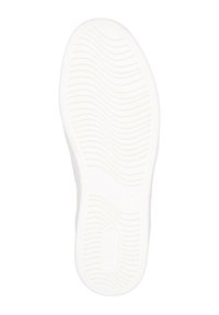 White sneaker sole with a textured, wavy pattern for traction. Round logo feature near the heel. Smooth surface, lightweight design.