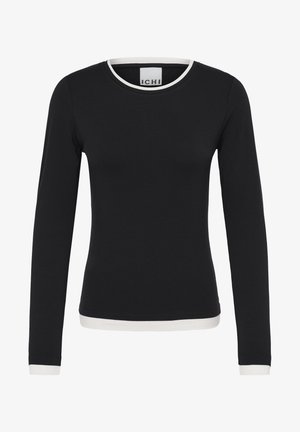 Zwart nauwsluitend shirt met lange mouwen en witte bies aan de kraag, manchetten en zoom, met het label "ICHI" op het binnentag van de nek.