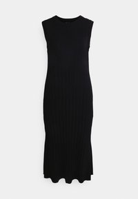 Abito in maglia nera a coste con design senza maniche, scollatura rotonda e orlo a scallop. Presenta una silhouette aderente che arriva a metà polpaccio.
