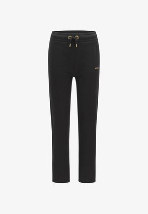 Czarne spodnie dresowe z bawełnianej mieszanki, z talią na sznurek zakończonym złotymi akcentami oraz małym logo po prawej stronie.