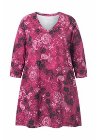 Dames lange mouw A-lijn jurk met V-hals, met roze en zwarte paisley- en bloemenpatronen op een magenta achtergrond.
