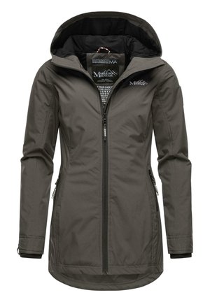 Giacca impermeabile grigio scuro, con zip sul davanti, cappuccio regolabile e tasche laterali. Materiale esterno liscio con un morbido rivestimento interno.