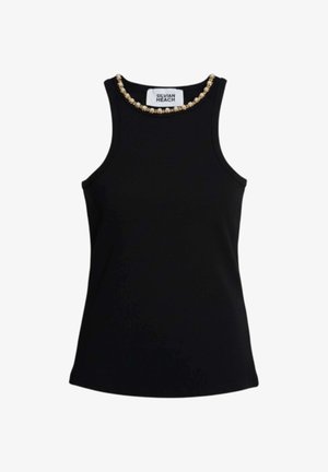 Top nero senza maniche con scollo rotondo decorato con un bordo ornamentale in oro e perle, con etichetta Silvian Heach.