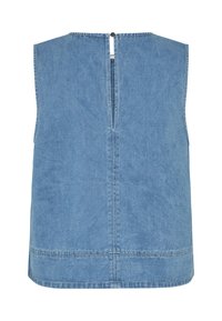 Blue denim sleeveless top with a back button closure, straight cut, and a clean hemline; features a smooth texture with minimal stitching details.