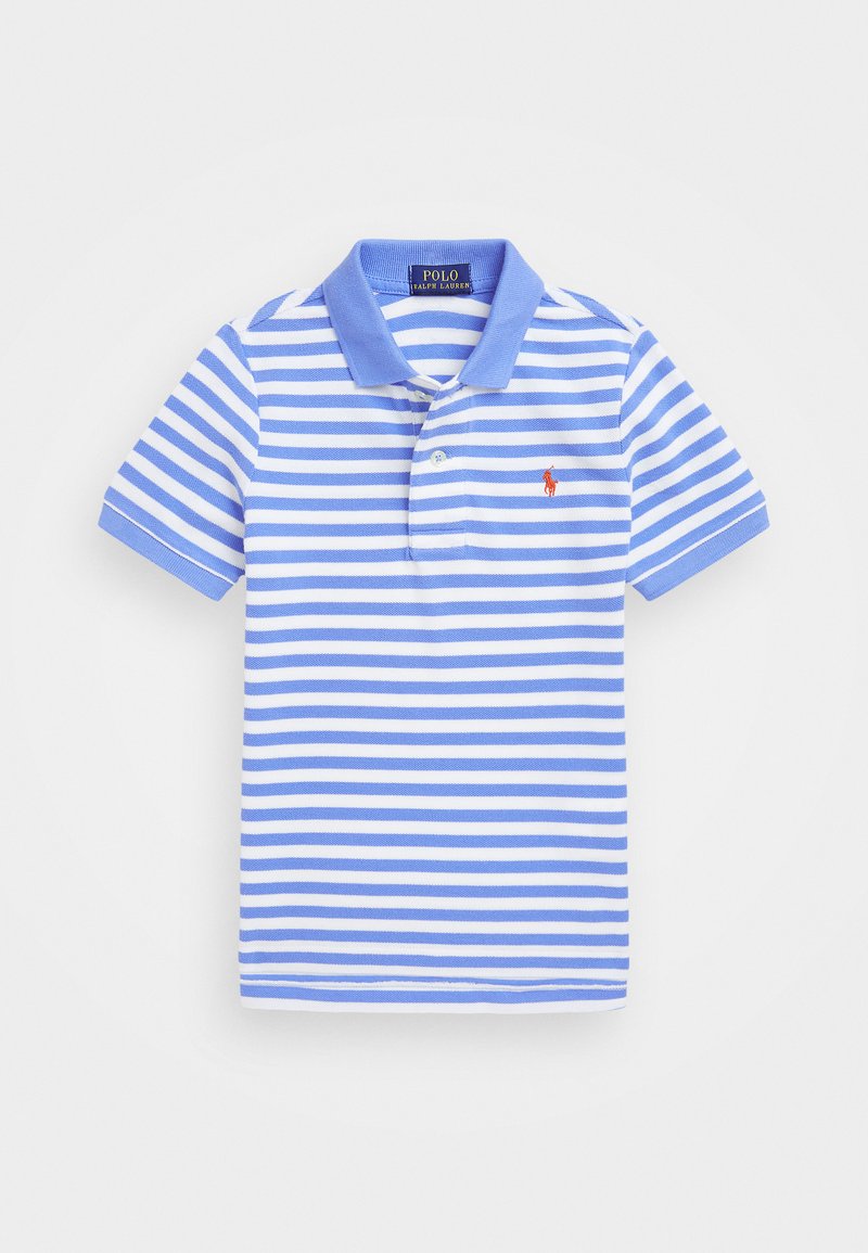 Modra in bela črtasta polo majica s kratkimi rokavi, s trdim modrim ovratnikom in majhnim rdečim logotipom na prsih. Mehka bombažna tkanina.