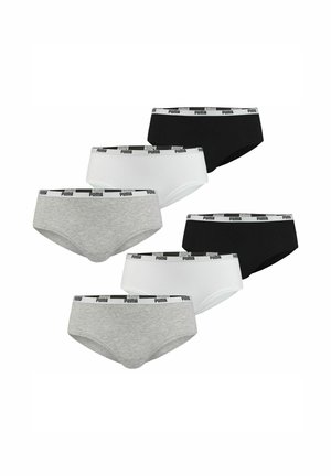 Six pairs of Puma briefs in black, white, and gray, each with a branded elastic waistband.