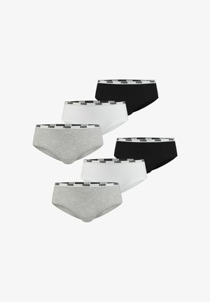 Six pairs of Puma briefs in black, white, and gray, each with a branded elastic waistband.