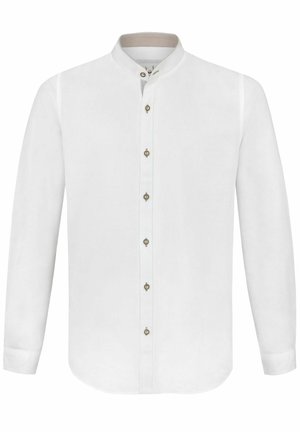 Weißes Langarmhemd mit Stehkragen und Knopfleiste. Verfügt über braune Knöpfe und einen glatten, strukturierten Stoff.