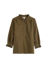 Alyvos žalią ilgą rankovę marškiniai su volaniniu apykakle, mygtukų uždarymu priekyje ir raukšlėtėmis rankogaliais. Pagaminta iš tekstūruoto audinio su laisvu siluetu.