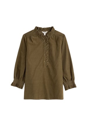 Olivno zelena, srajca z dolgimi rokavi in  nabranim ovratnikom, z gumbi spredaj in nabranimi manšetami. Narejena iz teksturirane tkanine z sproščenim krojem.